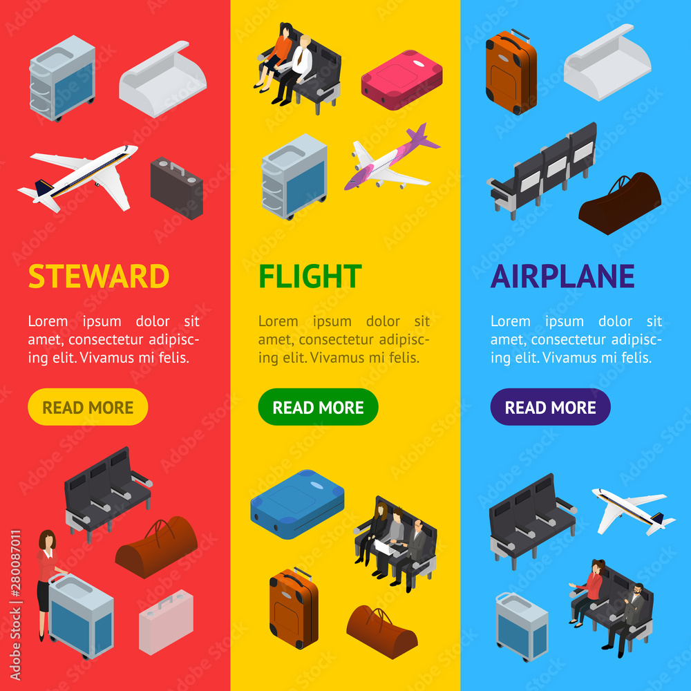 Airplane Interior Elements with People Banner Vecrtical Set Isometric View. Vector