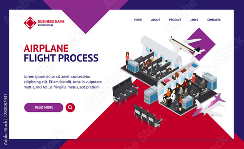 Airplane Interior Elements with People Landing Web Page Template Isometric View. Vector
