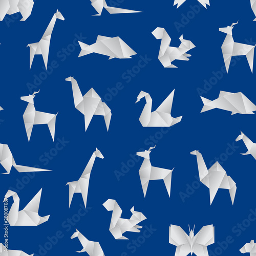 Realistic Detailed 3d Origami Paper Animals Seamless Pattern Background. Vector