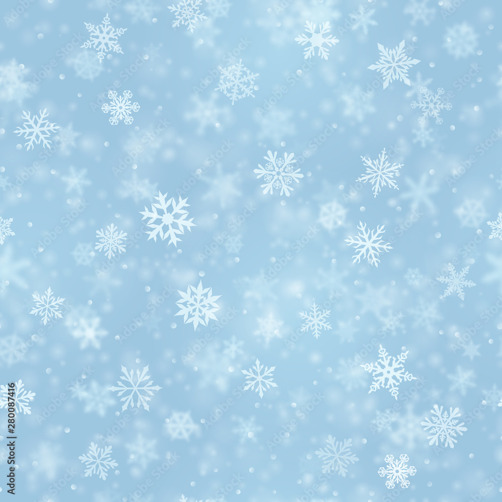 Christmas seamless pattern of complex blurred and clear falling snowflakes in light blue colors with bokeh effect