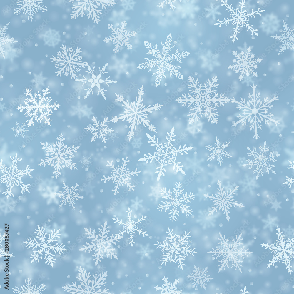 Christmas seamless pattern of complex blurred and clear falling snowflakes in light blue colors with bokeh effect Christmas seamless pattern of complex blurred and clear falling snowflakes in light blue colors with bokeh effect