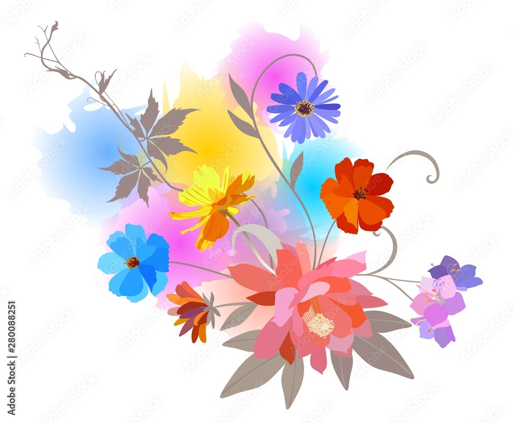 Bouquet of flowers against watecolor spots on white background. Greeting or invitation card.