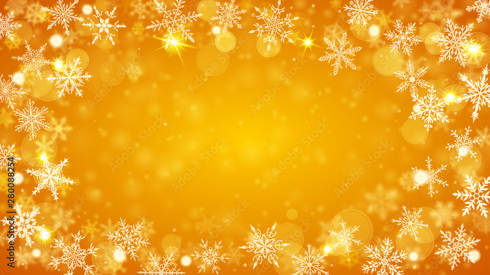 Christmas background of complex blurred and clear falling snowflakes in yellow colors with bokeh effect Christmas background of complex blurred and clear falling snowflakes in yellow colors with bokeh effect