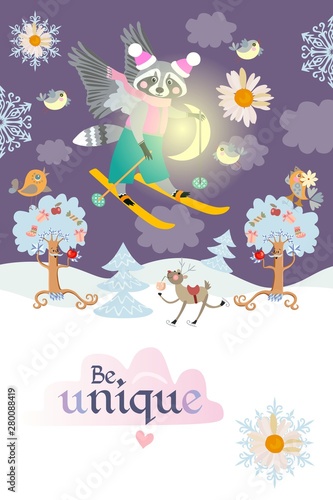 Motivator "Be unique!" Beautiful card with a funny winged raccoon skiing in the night sky among the clouds over the winter forest with cheerful trees and a deer.