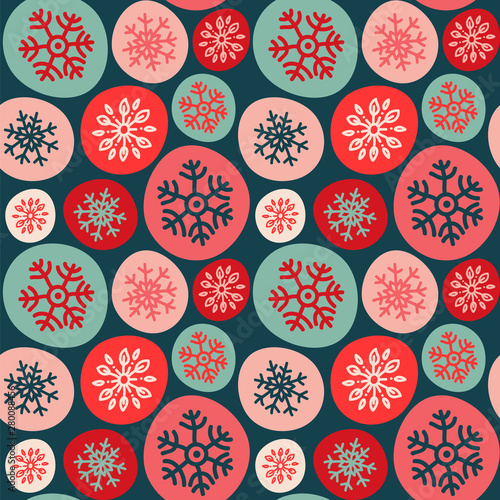Snowflakes in the circles. Seamless vector pattern.
