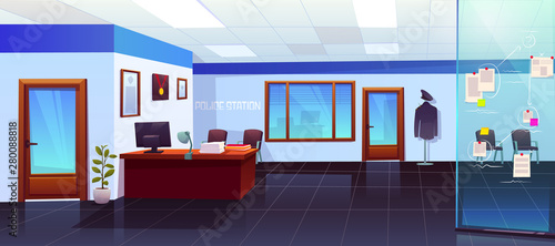 Evidence board in police station interior with glass door, table, computer, paper piles and mannequin with policeman uniform, crime investigation department empty room. Cartoon vector illustration