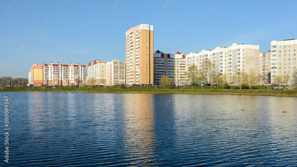 Multi-storey houses on the lake. District Klinkowski. Gomel. Belarus