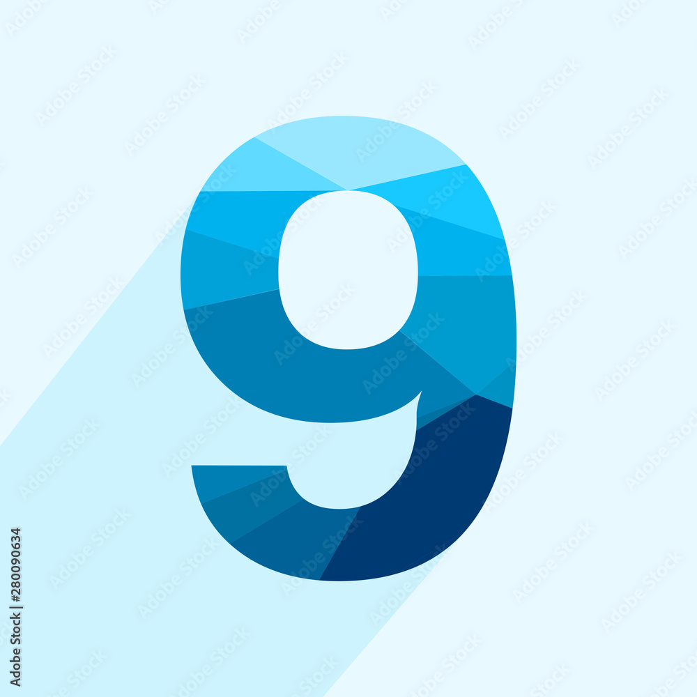Blue vector polygon nine number font with long shadow. Low poly illustration of flat design. Blue vector polygon nine number font with long shadow. Low poly illustration of flat design.