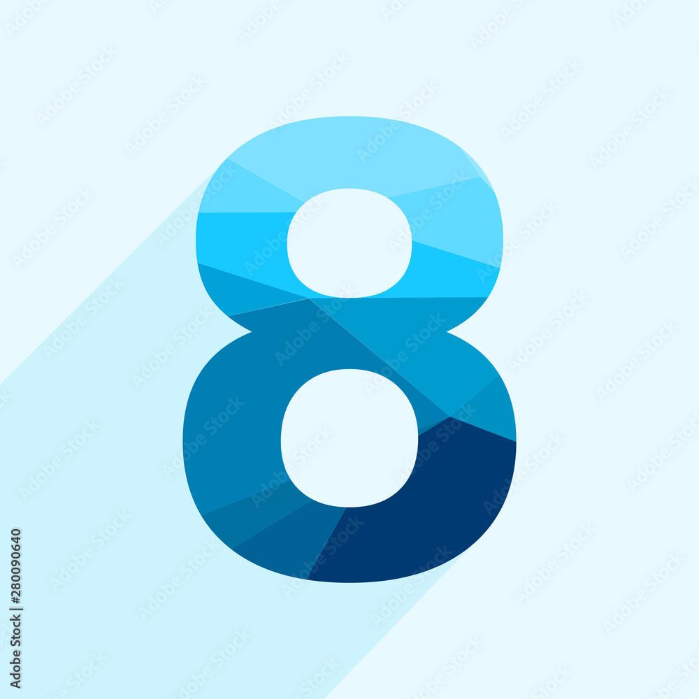 Blue vector polygon eight number font with long shadow. Low poly illustration of flat design.. Blue vector polygon eight number font with long shadow. Low poly illustration of flat design..