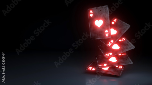 Fotografie, Obraz Casino Gambling Concept Royal Flush in Hearts Poker Cards On The Black Backgroun