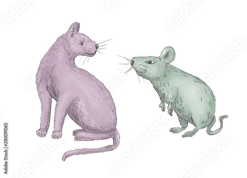 hand drawn cat and mouse