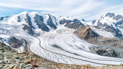 Photo View for Morteratsch Glacier and panorama of Piz Berinia and Piz Palu in Switzerland