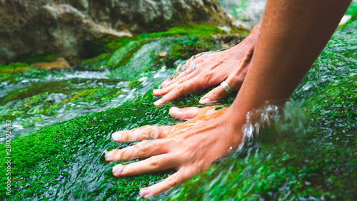 Tanned female hands stroke green moss growing in the clear and transparent water of a mountain river.