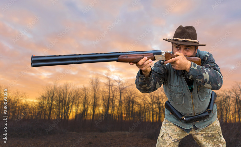 Fototapeta premium Hunter with a german drathaar and spaniel, pigeon hunting with dogs