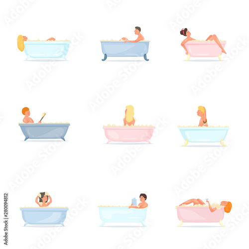 Set of people take bath in ceramic or plastic bathtub