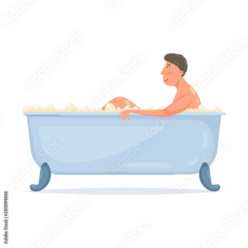 Cute young man take hot bath in modern bathtub