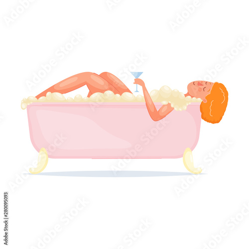 Cute red hair girl take a bath in fashion bathtub