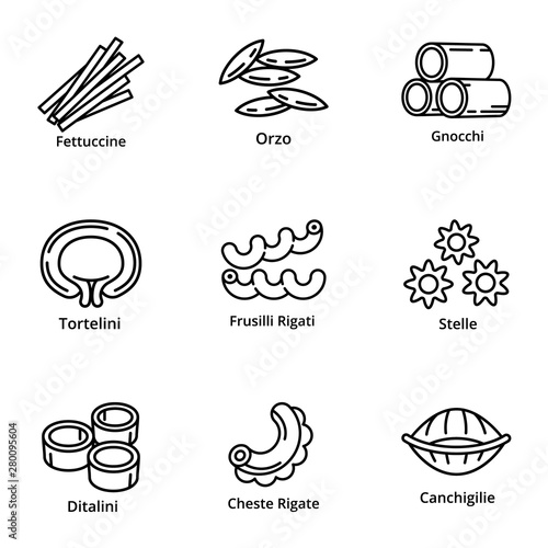 Pasta icon set. Outline set of 9 pasta vector icons for web design isolated on white background photo