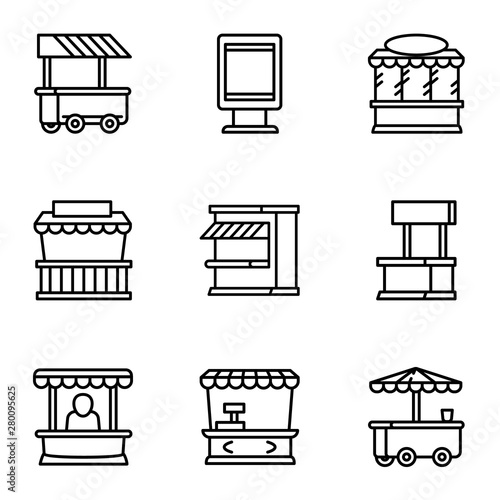 Street market icon set. Outline set of 9 street market vector icons for web design isolated on white background