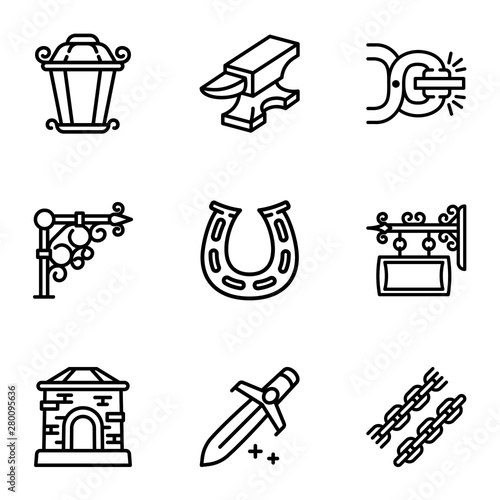 Blacksmith icon set. Outline set of 9 blacksmith vector icons for web design isolated on white background