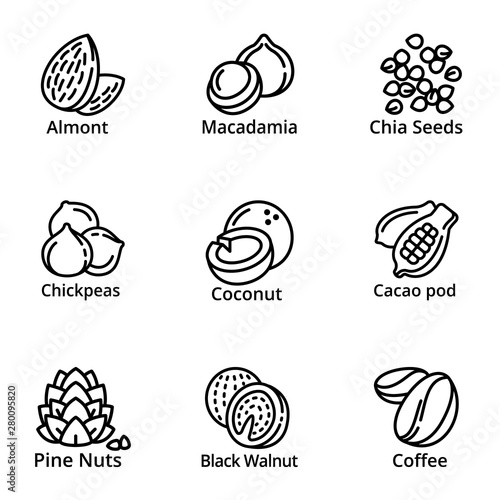 Nuts icon set. Outline set of 9 nuts vector icons for web design isolated on white background
