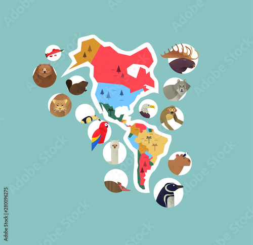 South North America continent animal map icons