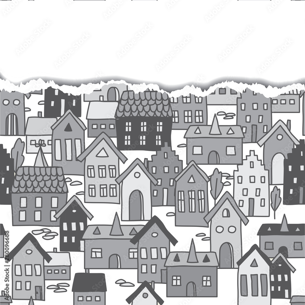 Greeting card template with torn paper edges. Stylized european houses.