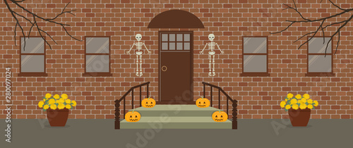 Porch, decorated for Halloween. Front Porch Halloween Decorations. There are skeletons, pumpkins and pots of chrysanthemums on a brick facade background. Vector illustration
