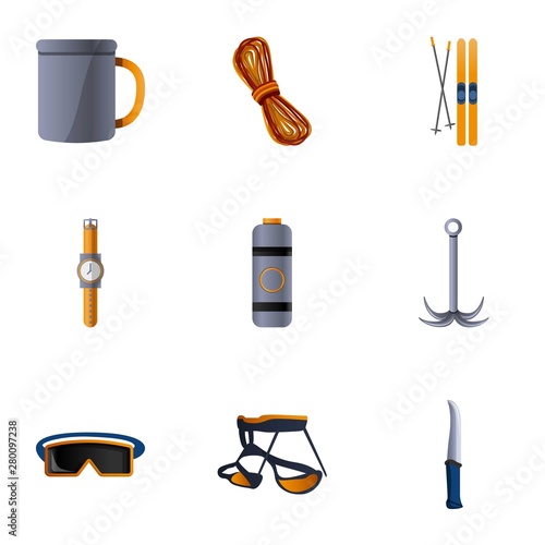 Hiking equipment icon set. Cartoon set of 9 hiking equipment vector icons for web design isolated on white background