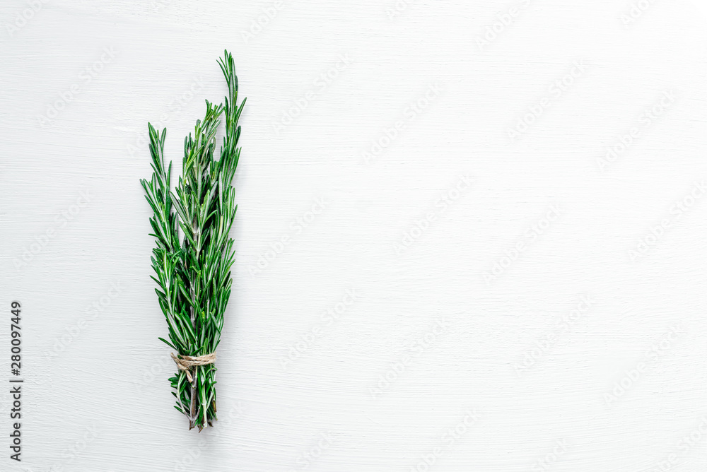 Fresh green rosemary on a white background. Flat lay. Place for your text. Fresh green rosemary on a white background. Flat lay. Place for your text.