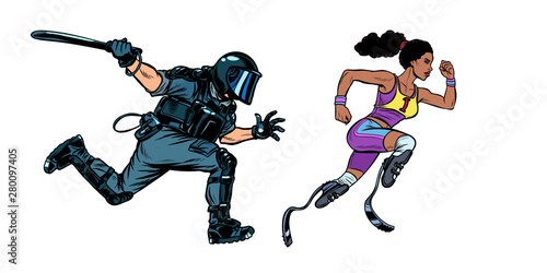 african female runner athlete with a disability. riot police with a baton