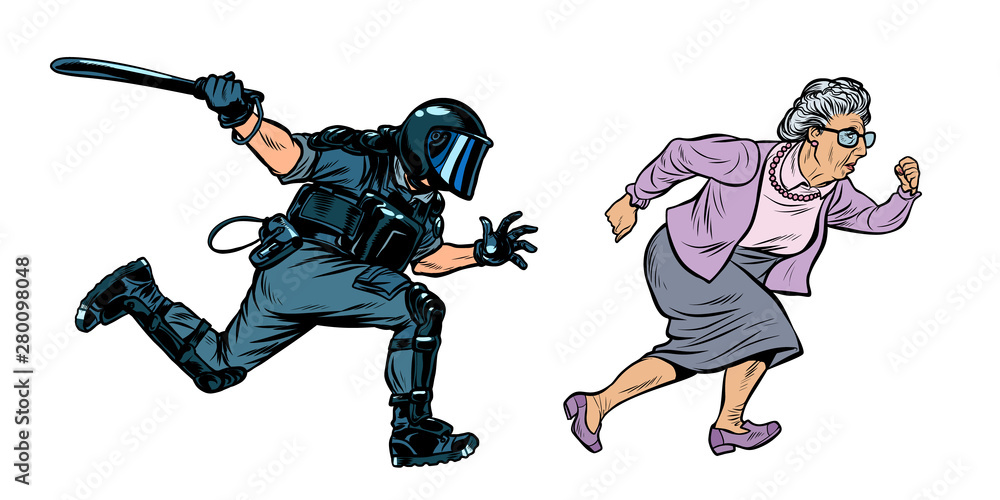 Obraz premium old woman pensioner. riot police with a baton