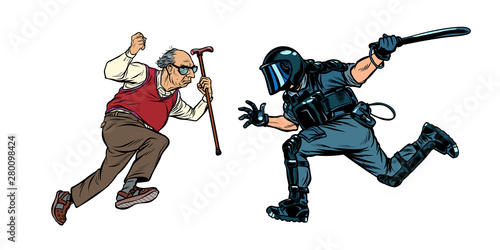 pensioners against the police. riot police with a baton
