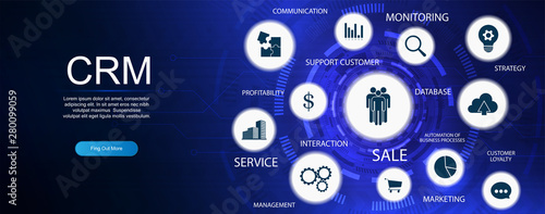 Customer relationship management. CRM banner with keywords and icons. Customer relationship management concept. Business internet technology. Web page banner CRM concept. Vector illustration