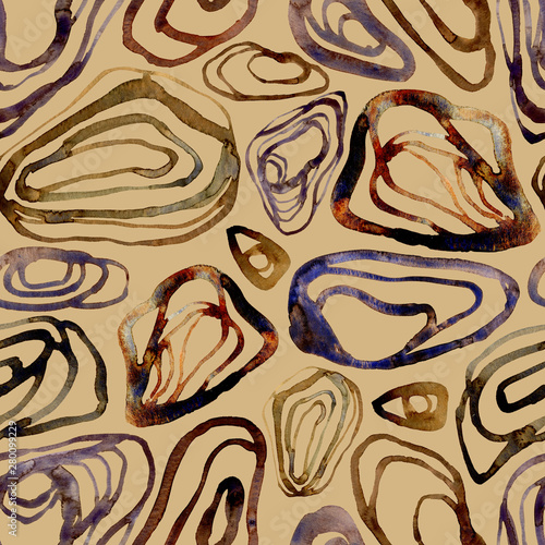 Seamless watercolor abstract pattern with oysters and shells. For design, printing, textiles, wedding decor and more.