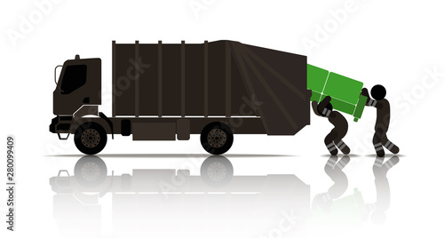 web icons of people. worker loads an old sofa in the garbage truck