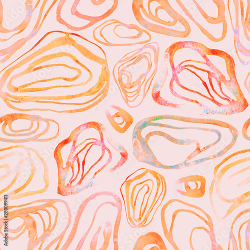 Seamless watercolor abstract pattern with oysters and shells. For design, printing, textiles, wedding decor and more.