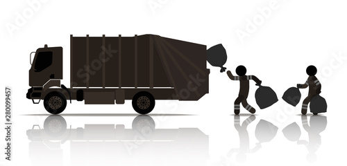 web icons of people. two workers loaded bags of garbage in the garbage truck