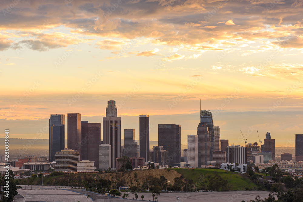 Downtown Los Angeles  skyline at sunset