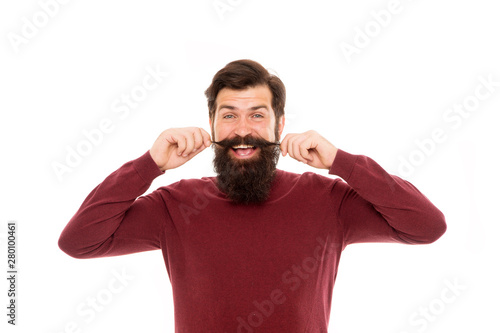 Hair care. Barbershop concept. Beard hairs grow at different rates. To grow awesome beard, simply put away your razor and trimmer and wait. Man with long beard and mustache isolated white background