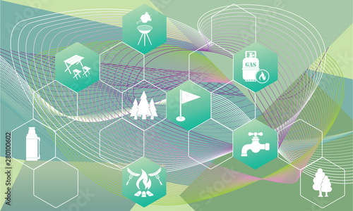 Poster with Set of travel and camping equipment icons