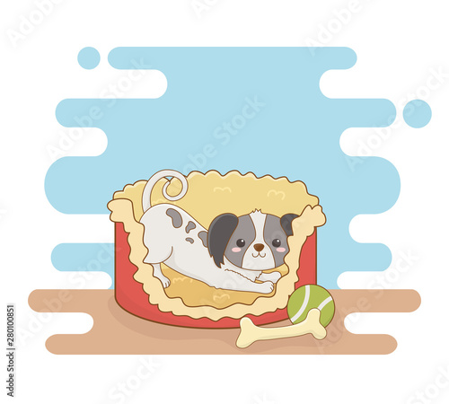 cute little dog mascot with bed and bone