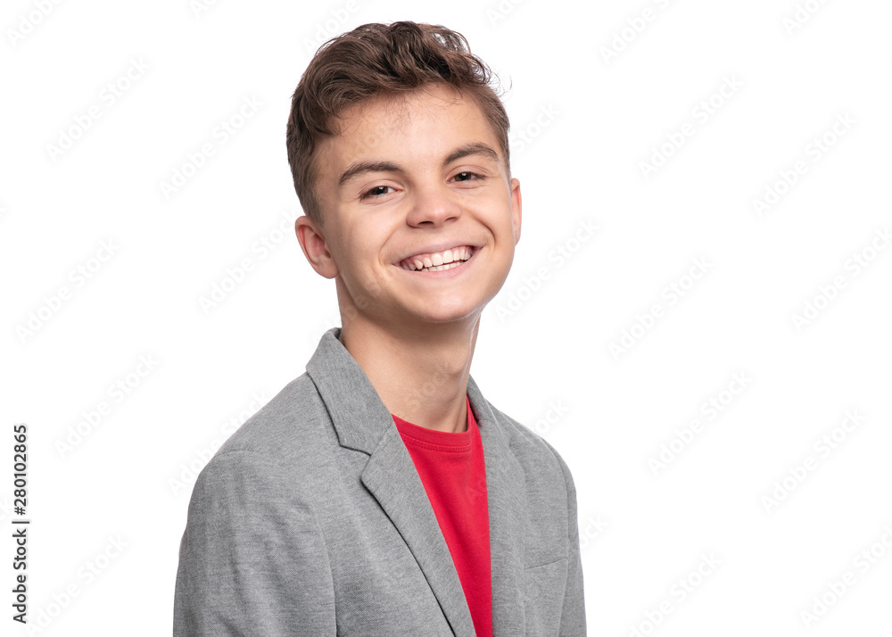Handsome caucasian Teen Boy in suit isolated on white background. Teenager looking at camera and smiling. Happy child - close-up portrait. Handsome caucasian Teen Boy in suit isolated on white background. Teenager looking at camera and smiling. Happy child - close-up portrait.