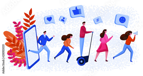 Group of people or customers holding a smartphone. Promotion method, Refer A Friend loyalty program. Concept of referral marketing.  Design flat vector modern illustration.