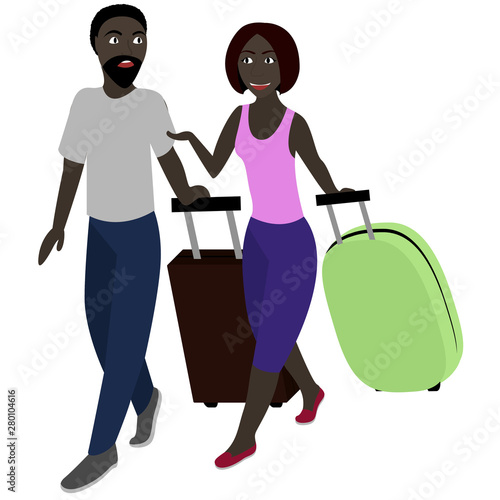 Black couple with suitcases are going to go on vacation