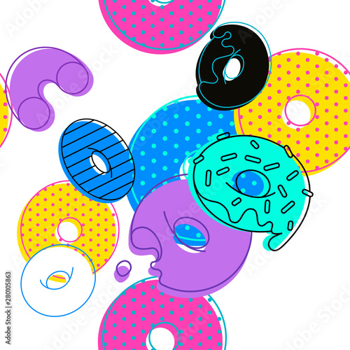 Doodle abstract colorful donuts pop and zine culture seamless pattern