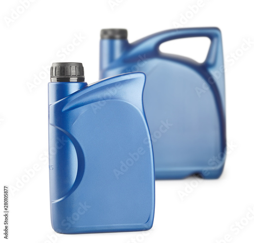 blue plastic canister for lubricants without label, container for chemicals isolated on white