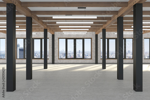 A huge empty room with large windows  overlooking the metropolis, iron columns and wooden beams in the loft style. Concrete floor and light brick wall in a modern interior. 3D rendering.