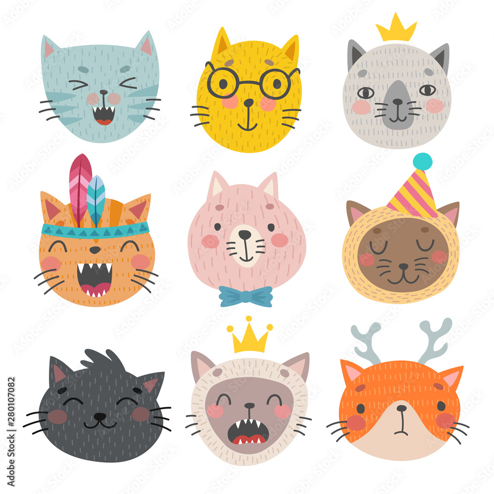 Cute cats faces. Hand drawn characters. Vector illustration.