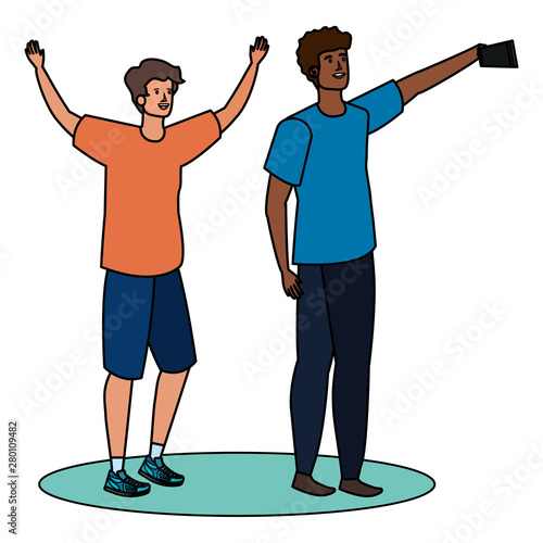 interracial young men friends celebrating characters